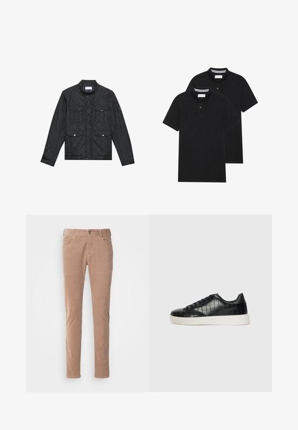 Mustmust riieumikate, millel on seisva kraega, kaks esipocketit nupuvajutustega ja tikitud tekstuur, valmistatud kergetest materjalidest.; Kaks musta polo särki, lühikeste varrukatega, puuvillane materjal, klassikalise kraega, kahe nupuga kinnitusega, valgete triipudega krae sisepinnal.; Heledad pruunid korduroo püksid, sirge säärega disain, kahe esikotiga, nööbiga kinnitamine ja pehme ribaline tekstuur.; Mustad mustad mustad kroko-reljeefiga nahast ülemine osa, ümar varvas ja kontrastne valge kummitald, millel on sile viimistlus.