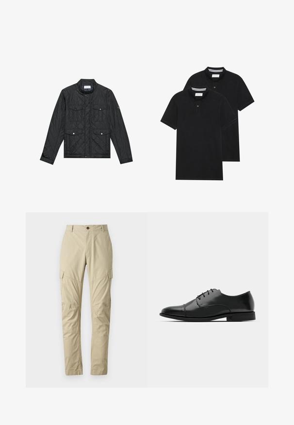 Fekete steppelt dzseki álló gallérral, két elülső zsebbel, patentgombokkal és steppelt textúrával, könnyű anyagból készült.; Két fekete pólóing, rövid ujjú, pamut anyagból készült, klasszikus gallérral, két gombos gombolással, és fehér csíkos díszítéssel a gallér belső részén.; Könnyű anyagból készült bézs cargo nadrág, több zsebbel, gombos záródással és szűkített lábujjjal. Sima tapintás.; Fekete bőr férfi dresszcipő, lekerekített orral, fűzős kialakítással, diszkrét varrási részletekkel és alacsony sarokkal. Simább felület, fényes kivitel.