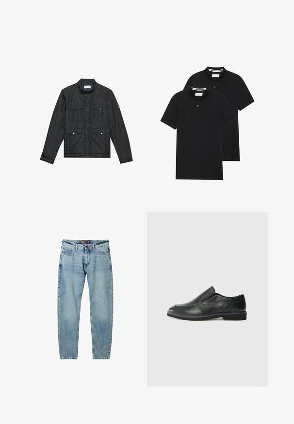 Črna prešita jakna z dvignjenim ovratnikom, dvema sprednjima žepoma s pritisnimi gumbi in prešito teksturo, izdelana iz lahkega materiala.; Dve črne polo majice, kratke rokave, iz bombažnega materiala, z klasik ovratnikom, dvobodno zaponko in belimi črtkami znotraj ovratnika.; Svetlo modri kavbojke z ohlapnim krojem, petimi žepi in kontrastnim šivanjem. Imajo gumbasto zapiranje in ravne hlačnice.; Črne usnjene natikače z gladkim zgornjim delom, prišitimi detajli, zaobljenim nosom in nizkim gumijastim petkom. Podplat ima minimalen profil.