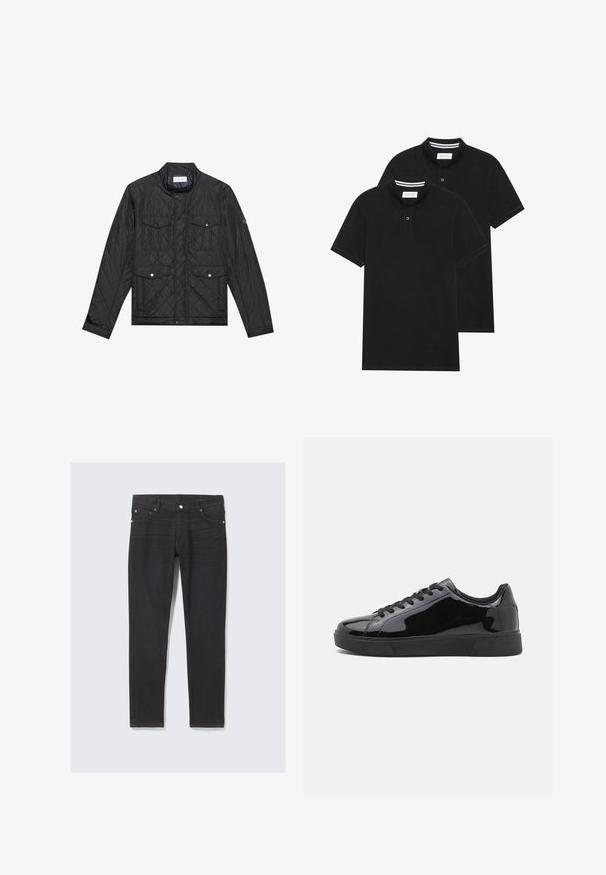 Veste matelassée noire avec col montant, deux poches avant avec boutons-pression et texture matelassée, fabriquée en tissu léger.; Deux polos noirs, à manches courtes, en coton, avec un col classique, une patte de boutonnage à deux boutons, et des accents rayés blancs à l'intérieur du col.; Jeans en denim noir à coupe slim, avec poches avant, braguette à boutons et détails de couture subtils le long des coutures latérales.; Baskets en cuir verni noir avec un bout rond, semelle en caoutchouc plate et lacets noirs. Texture lisse et brillante sur la surface supérieure.
