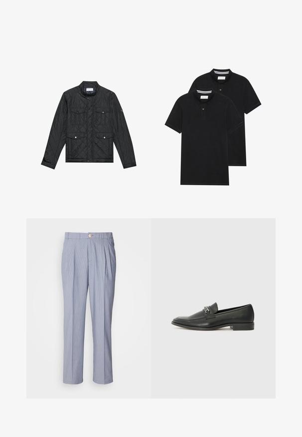 Sort quiltet jakke med en stående krave, to forlommer med trykknapper og quiltet struktur, lavet af letvægtsstof.; To sorte polo T-shirts, kortærmede, lavet af bomuldsstof, med en klassisk krave, to-knaps placket og hvide stribede detaljer indeni kraven.; Stribede bukser i lyseblå og hvid, med knaplukning, plisseret front og lige ben. Glat stoftekstur.; Sorte læder loafers med en glat finish, der har et syet design og et dekorativt metal kædeaccent hen over vamps. Flad hæl.