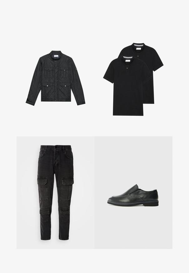 Giacca nera trapuntata con colletto rialzato, due tasche frontali con bottoni a pressione e texture trapuntata, realizzata in tessuto leggero.; Due magliette polo nere, con maniche corte, in cotone, con colletto classico, pattina a due bottoni e dettagli a righe bianche all'interno del colletto.; Pantaloni cargo neri con molteplici tasche laterali, gambe affusolate e una texture in denim resistente. Chiusura con bottone e zip.; Scarpa nera in pelle con inserto scivolare, superiore liscio, dettagli cuciti, punta arrotondata e tacco in gomma basso. La suola presenta un battistrada minimale.