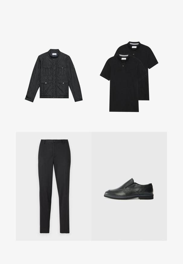Fekete steppelt dzseki álló gallérral, két elülső zsebbel, patentgombokkal és steppelt textúrával, könnyű anyagból készült.; Két fekete pólóing, rövid ujjú, pamut anyagból készült, klasszikus gallérral, két gombos gombolással, és fehér csíkos díszítéssel a gallér belső részén.; Fekete szabott nadrág, sima anyagból, egyenes szárú kialakítással, egy gombos záródással és diszkrét zsebekkel.; Fekete bőr, slip-on cipő sima felsőrésszel, varrott díszítéssel, lekerekített orral és alacsony gumitalppal. A talpa minimális bordázattal rendelkezik.
