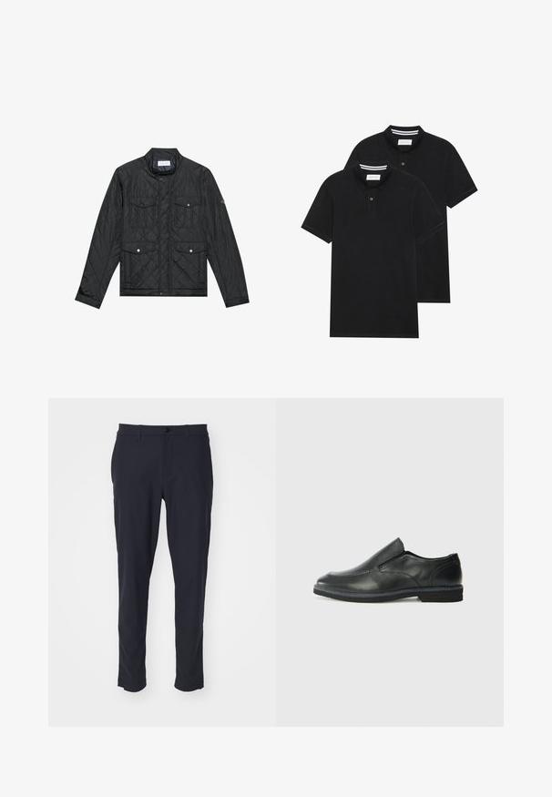 Veste matelassée noire avec col montant, deux poches avant avec boutons-pression et texture matelassée, fabriquée en tissu léger.; Deux polos noirs, à manches courtes, en coton, avec un col classique, une patte de boutonnage à deux boutons, et des accents rayés blancs à l'intérieur du col.; Pantalons taillés bleu marine en tissu lisse ; dotés d'une fermeture à bouton, de passants de ceinture et de poches latérales ; design slim fit.; Chaussure slip-on en cuir noir avec une tige lisse, des accents cousus, un bout arrondi et un petit talon en caoutchouc. La semelle présente un profil de traction minimal.