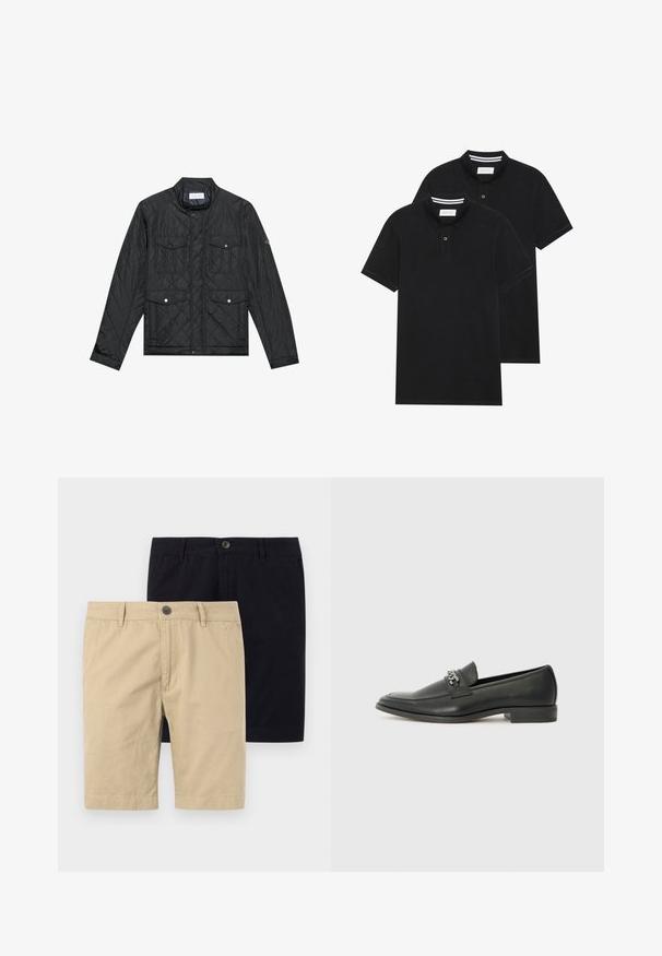 Zwarte gewatteerde jas met een staande kraag, twee voorzakken met drukknoopsluitingen en gewatteerde textuur, gemaakt van lichte stof.; Twee zwarte polo shirts, met korte mouwen, van katoen, met een klassieke kraag, een knoopsluiting met twee knopen en witte gestreepte accenten aan de binnenkant van de kraag.; Twee paar shorts, één kaki en één zwart, gemaakt van katoen. Beide hebben een knoop, een platte voorkant en zijn knielang van ontwerp.; Zwarte leren instapper met een gladde afwerking, voorzien van een gestikt ontwerp en een decoratieve metalen kettingaccent over de wreef. Platte hak.