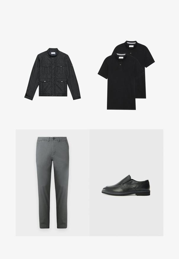 Mustmust riieumikate, millel on seisva kraega, kaks esipocketit nupuvajutustega ja tikitud tekstuur, valmistatud kergetest materjalidest.; Kaks musta polo särki, lühikeste varrukatega, puuvillane materjal, klassikalise kraega, kahe nupuga kinnitusega, valgete triipudega krae sisepinnal.; Hallid puuvillased chinos, kitsas lõikega, ees nupuga kinnitamine, kahe küljetaskuga ja sileda pinnaga. Elegantne disain.; Must musta laia suuga king, millel on sile ülemine osa, õmmeldud detailid, ümmargune nina ja madal kummist konts. Tallal on minimaalne mustr.