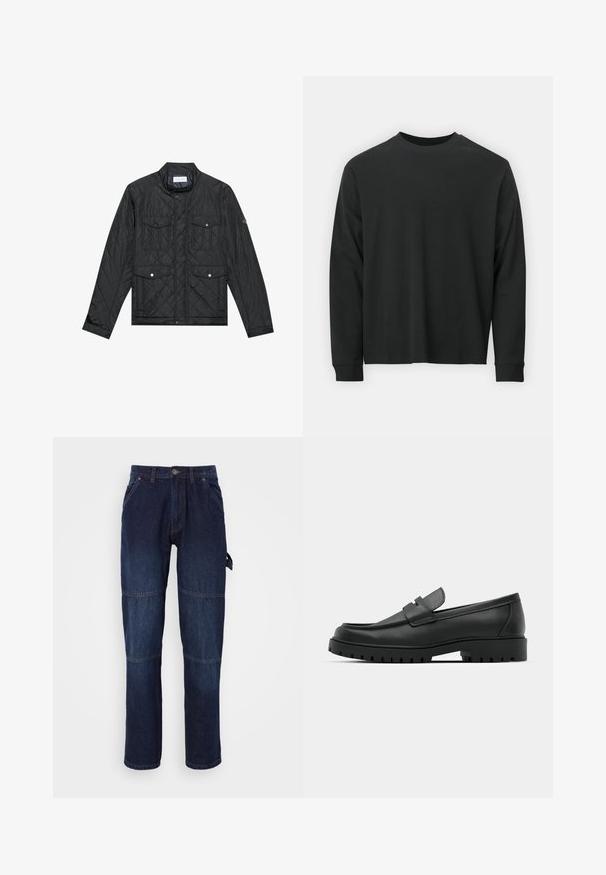 Chaqueta negra acolchada con cuello alzado, dos bolsillos frontales con botones a presión y textura acolchada, fabricada en un tejido ligero.; Camiseta negra de manga larga, hecha de algodón, con escote redondo, corte holgado y puños acanalados. Textura suave sin patrones visibles.; Pantalones de mezclilla azul oscura con corte recto, que cuentan con dos bolsillos frontales, costuras visibles y una etiqueta lateral como detalle funcional.; Mocasines de cuero negro con punta redonda, que cuentan con un diseño cosido, suela de plataforma baja y una suela de goma texturada y con tacos.