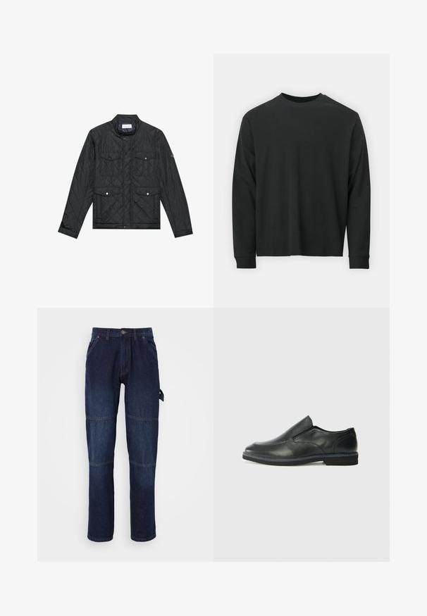 Czarna pikowana kurtka z stójką, dwiema przednimi kieszeniami z zatrzaskami i pikowaną teksturą, wykonana z lekkiego materiału.; Czarna koszulka z długim rękawem, wykonana z bawełny, z okrągłym dekoltem, luźnym krojem i ściągaczami na rękawach. Gładka tekstura bez widocznych wzorów.; Ciemnoniebieskie dżinsy o prostym kroju, z dwoma przednimi kieszeniami, widocznym szwem i boczną metką jako elementem funkcjonalnym.; Czarne skórzane buty wsuwane z gładką cholewką, przeszyciami, okrągłym noskiem i niskim gumowym obcasem. Podeszwa ma minimalny bieżnik.
