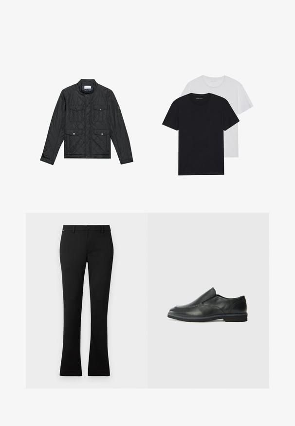 Black quilted jacket featuring a stand collar, two front pockets with snap buttons, and quilted texture, made from lightweight fabric.; Black and white crew-neck t-shirts, short sleeves, made from cotton fabric, smooth texture, featuring branding on the neckline.; Black trousers made of smooth fabric, featuring a straight fit with slight flare at the hem, a front button closure, and belt loops.; Black leather slip-on shoe with a smooth upper, stitched accents, rounded toe, and a low rubber heel. Sole features minimal tread.