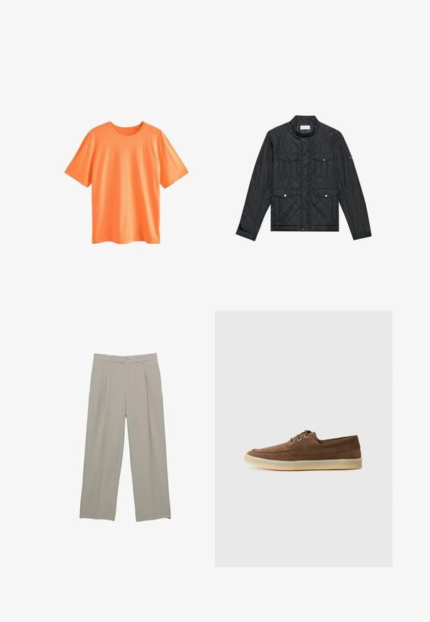 Jachetă neagră matlasată cu guler înălțat, două buzunare frontale cu nasturi și textură matlasată, realizată dintr-un material ușor.; Next Tricou basic - mottled orange; Pantaloni largi gri deschis, cu o textură netedă, având plisuri frontale, închidere cu nasture și buzunare laterale.; Pantofi din suede maro cu un profil jos, design cu sireturi, talpă din cauciuc și detalii de cusătură contrastante. Stil simplu și funcțional.