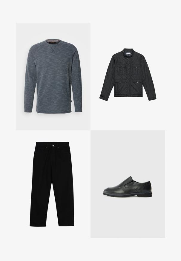 Zwarte gewatteerde jas met een staande kraag, twee voorzakken met drukknoopsluitingen en gewatteerde textuur, gemaakt van lichte stof.; INDICODE JEANS Longsleeve - navy; Zwarte denim broek met een recht gesneden pasvorm, vijf gebruikersvriendelijke zakken en een sluiting met een knoop aan de voorkant. Soepele textuur met minimale stikdetails.; Zwarte leren instapper met een soepele bovenkant, gestikte accenten, ronde neus en een lage rubberen hak. De zool heeft minimale profiel.