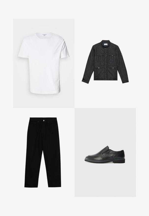Melna quiltota jaka ar stāvo apkakli, divām priekšējām kabatām ar spiedpogu aizdari un quiltu tekstūru, izgatavota no viegla auduma.; Balta kokvilnas T-kreklu ar apaļu kakla izgriezumu, īsām piedurknēm un taisnu apakšmalu. Audumam ir gluda tekstūra un tas nav rakstains.; Melni džinsi ar taisnu kāju griezumu, piecu kabatu dizainu un priekšēju pogu aizdari. Gluda tekstūra ar minimālu šuvju detaļu skaitu.; Melnas ādas slip-on kurpes ar gludu augšdaļu, izšūtām akcentiem, noapaļotu purngala daļu un zemu gumijas papēdi. Zole ar minimālu rakstu.