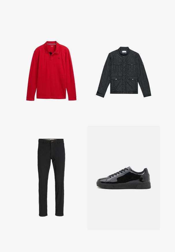 Svart quiltad jacka med ståkrage, två framfickor med tryckknappar och quiltad textur, tillverkad av lättviktigt material.; Röd långärmad polo t-shirt med krage, med en marina accent och en liten logotyp på bröstet. Tillverkad av mjukt bomullsmaterial.; Svarta bomullsblandade byxor med en smal passform, med knappstängning, fickor och uppvikta fållar för en avslappnad stil.; Svart lackläder sneakers med rund tå, platt gummisula och svarta snören. Slät, glänsande yta på ovansidan.