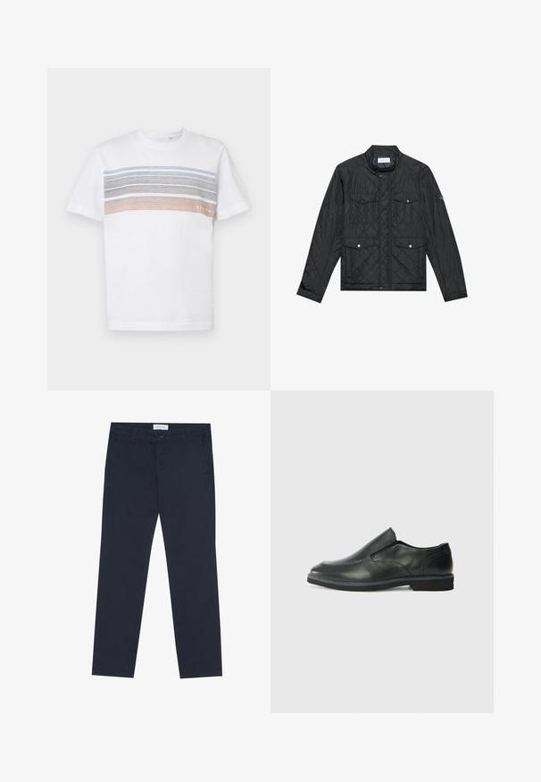 Melna quiltota jaka ar stāvo apkakli, divām priekšējām kabatām ar spiedpogu aizdari un quiltu tekstūru, izgatavota no viegla auduma.; Balta īsā piedurknēm T-kreklā, kuram ir horizontālas svītras gaiši zilā, pelēkā un oranžā krāsā. Izstrādāts standarta piegriezumā ar ribota apkakli.; Navy zila kokvilnas bikses ar gludu tekstūru, ar rāvējslēdzēju, jostas cilpām un sānu kabatām funkcionālitātei.; Melnas ādas slip-on kurpes ar gludu augšdaļu, izšūtām akcentiem, noapaļotu purngala daļu un zemu gumijas papēdi. Zole ar minimālu rakstu.