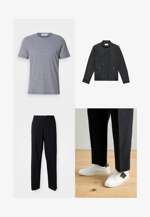 Juodas siuvinėtas džemperis su stovinčia apykakle, dviem priekinėm kišenėm su spaudėmis ir siuvinėtu paviršiumi, pagamintas iš lengvo audinio.; Juostuota trumpomis rankovėmis T-maišelis tamsiai mėlynos ir baltos spalvų, pasižymintis apvaliu kaklu, minkšta medžiaga ir subtiliu siuvimo detalėmis pečių srityje.; Juodos tiesios kojos kelnės su diržo kilpomis, mygtuko uždarymu ir elegantišku, minimalistiniu dizainu neutralioje fone.; Balti sportbačiai su glotnia danga, puošti rudais odiniais akcentais ir juodais detalėmis, derinami su juodais pritaikytais kelnėmis. Medinių grindų fonas.