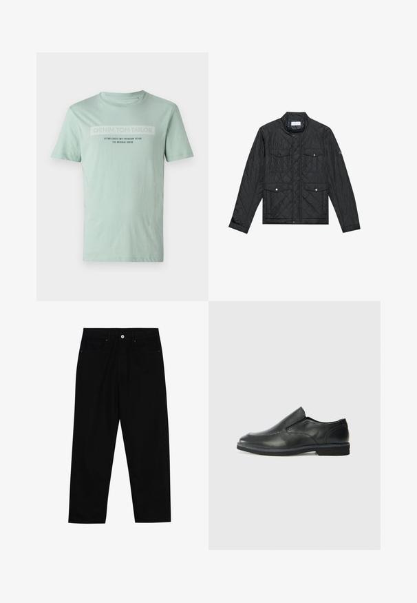 Melna quiltota jaka ar stāvo apkakli, divām priekšējām kabatām ar spiedpogu aizdari un quiltu tekstūru, izgatavota no viegla auduma.; Minti zaļš kokvilnas T-krekls ar īsām piedurknēm. Priekšpusē ir drukāts logos un teksta dizains tumšās kontrastējošās krāsās.; Melni džinsi ar taisnu kāju griezumu, piecu kabatu dizainu un priekšēju pogu aizdari. Gluda tekstūra ar minimālu šuvju detaļu skaitu.; Melnas ādas slip-on kurpes ar gludu augšdaļu, izšūtām akcentiem, noapaļotu purngala daļu un zemu gumijas papēdi. Zole ar minimālu rakstu.
