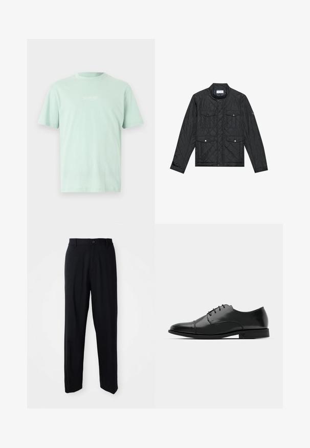 Mustikkapintainen takki, jossa on pystykaulus, kaksi etutaskua nepparilla ja tikattu kuvio, valmistettu kevyestä kankaasta.; Valkoinen mintunvihreä puuvillapaita, jossa on pyöreä kaula-aukko, lyhyet hihat ja pieni valkoinen tekstigravyyri rinnassa. Tasainen pinta ja rento malli.; Mustat suorat housut vyön lenkeillä, nappisuljenta ja siisti, minimalistinen muotoilu neutraalilla taustalla.; Musta nahkakengät, joissa on pyöristetty varvas, nauhakiinnitys, hienovaraiset ompeluyksityiskohdat ja matala korko. Sujuva pinta kiillotetulla viimeistelyllä.