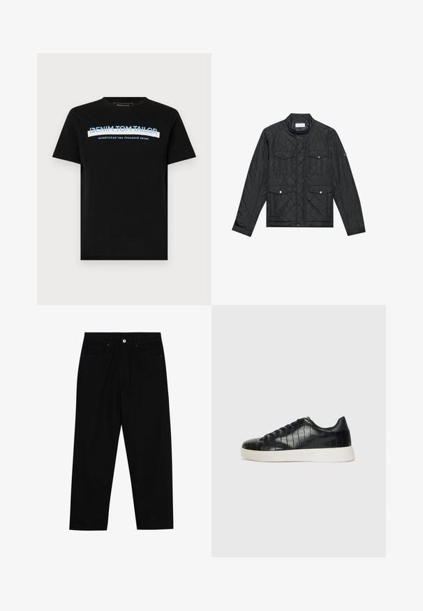 Sort quiltet jakke med en stående krave, to forlommer med trykknapper og quiltet struktur, lavet af letvægtsstof.; Sort bomulds T-shirt med rund halsudskæring, med blå og hvid tekst: "DENIM TOM TAILOR grundlagt to tusinde syv."; Sorte denimbukser med lige ben, fem lomme-design og knaplukning foran. Glat tekstur med minimale syninger.; Sorte sneakers med en struktureret krokodillepræget læderoverdel, rund tå og en kontrasterende hvid gummisål med en glat finish.