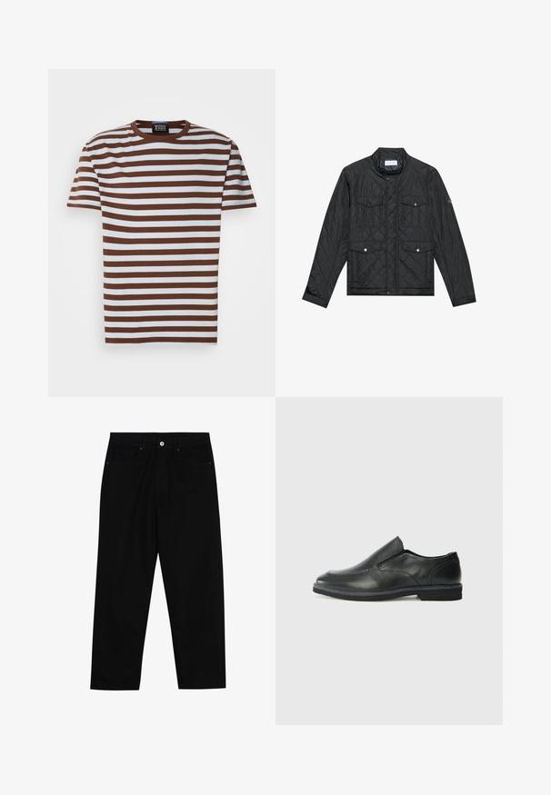 Juodas siuvinėtas džemperis su stovinčia apykakle, dviem priekinėm kišenėm su spaudėmis ir siuvinėtu paviršiumi, pagamintas iš lengvo audinio.; Rudas ir baltas trumpomis rankovėmis marškinėliai su apvalia apykakle ir raunėta tekstūra. Etiketas matomas prie apykaklės.; Juoda džinsinė kelnė su tiesiu kirpimu, penkių kišenių dizainu ir priekiniais mygtukais. Lygus paviršius su minimaliu siuvimo detalėmis.; Juodai odiniai įtvirtinimo batai su lygiu paviršiumi, siuvinėjimo akcentais, apvalia nosimi ir žemu guminiu kulnu. Pado raštas minimalus.