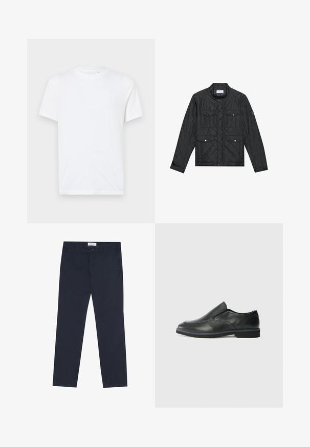 Giacca nera trapuntata con colletto rialzato, due tasche frontali con bottoni a pressione e texture trapuntata, realizzata in tessuto leggero.; T-shirt bianco in cotone con scollatura rotonda e maniche corte. Presenta un piccolo logo in rilievo sul lato sinistro del petto. Texture liscia.; Chino blu navy in cotone con una texture liscia, dotati di zip, passanti per la cintura e tasche laterali per funzionalità.; Scarpa nera in pelle con inserto scivolare, superiore liscio, dettagli cuciti, punta arrotondata e tacco in gomma basso. La suola presenta un battistrada minimale.