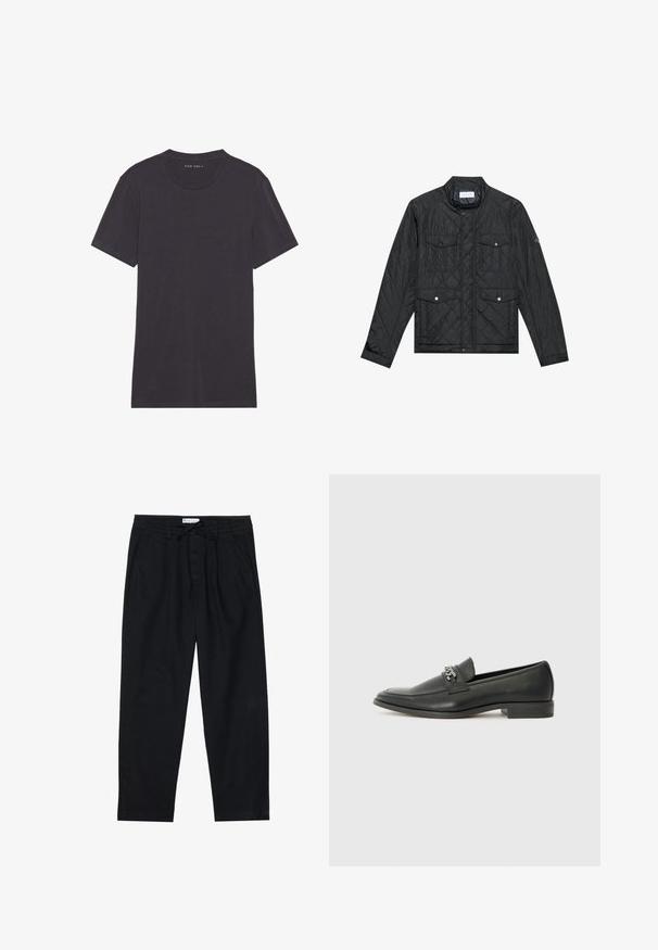 Black quilted jacket featuring a stand collar, two front pockets with snap buttons, and quilted texture, made from lightweight fabric.; Dark gray short-sleeve t-shirt in a soft, smooth fabric. Round neckline with clean seams and no embellishments or patterns.; Pier One Chinos - black; Black leather loafer with a smooth finish, featuring a stitched design and a decorative metal chain accent across the vamp. Flat heel.