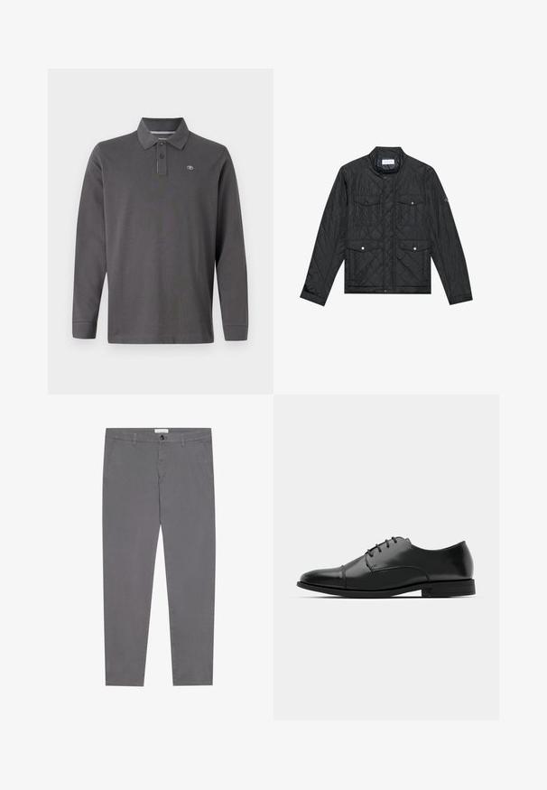 Črna prešita jakna z dvignjenim ovratnikom, dvema sprednjima žepoma s pritisnimi gumbi in prešito teksturo, izdelana iz lahkega materiala.; Polo majica z dolgimi rokavi v temno sivi barvi iz bombaža, z ovratnikom, placketom na tri gumbe in majhnim logotipom na levem prsnem delu.; Sive bombažne hlače s ožjim krojem, ki imajo dva sprednja žepa, en zadnji žep in zapiranje na gumb pri pasu.; Črne usnjene moške čevlje z zaobljenim nosom, s sistemom vezalk, diskretnimi šivi in nizkih petah. Gladka tekstura s sijočim zaključkom.