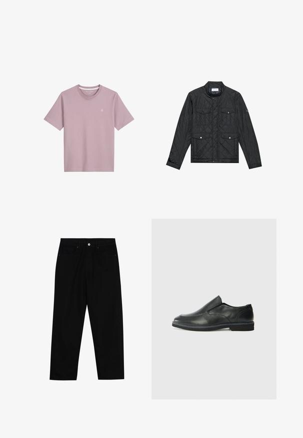 Čierna prešívaná bunda s vystuženým golierom, dvoma prednými vreckami so cvokmi a prešívanou textúrou, vyrobená z ľahkého materiálu.; Svetloružové tričko s krátkym rukávom z mäkkej látky, s okrúhlym výstrihom a malým vyšívaným logom na hrudi.; Čierne denimmové nohavice s rovný strihom, dizajnom s piatimi vreckami a upínaním na prednej strane. Hladká textúra s minimálnymi detailmi šitia.; Čierny kožený nazúvací topánka s hladkým zvrškom, prešitými akcentmi, zaoblenou špičkou a nízkym gumovým podpätkom. Podošva má minimálny dezén.