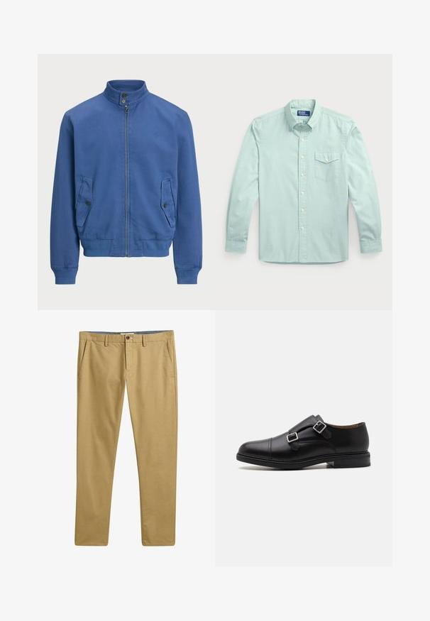 Blaues Bomberjackett aus glattem Stoff, mit Stehkragen, Reißverschluss vorne, zwei Seitentaschen und gerippten Bündchen sowie Saum.; Helles blaues langärmliges Hemd mit Knopfleiste und Tasche,Featuring einen Kragen, Vorderknöpfe und strukturierter Stoff.; Khaki Chinos mit glattem Stofftextur, geradem Beindesign, Taschen vorne und einem Knopfverschluss. Strukturierter Bund mit Gürtelschlaufen.; Schwarze Leder-Halbschuh mit doppeltem Schnallenverschluss, abgerundeter Zehenpartie, dezenter Naht und flacher, strukturiertem Gummisohle.
