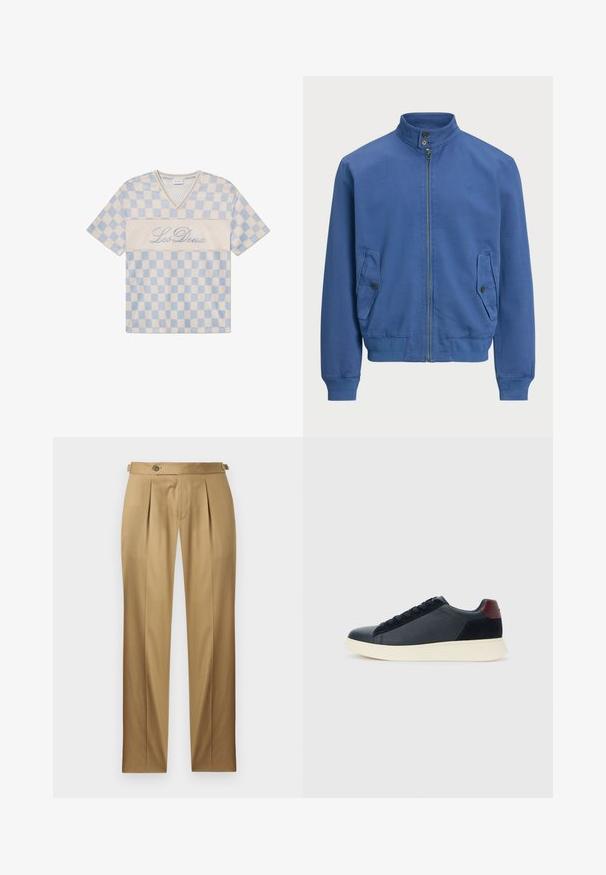 Zila bumbiera jaka, izgatavota no gludas auduma, ar stāvu apkakli, rāvējslēdzēja priekšu, divām sānu kabatām un ribotiem piedurkņu galiem un apakšmalai.; Zilbenu un krēmpelēku pārbaudītu sietu īso piedurkņu T-kreklu ar V veida kaklu un vārdiem "Les Deux", kas izšūti uz priekšpuses kursīvā.; Bēša krāsas bikses ar taisnu piegriezumu, ar krokām, pogas aizdari un jostas cilpām. Gluda auduma ar tīru, šūtu izskatu.; Zemāko vīriešu sporta apavu modelis melnā ādas un zamša apdarē ar bordo krāsas papēža cilpu un baltu gumijas zoli, skatoties no ārējās puses.