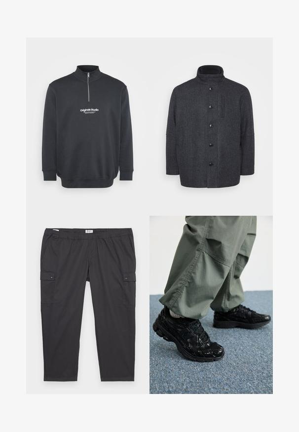 Tumehall villane mantel, millel on herringbone muster, kõrge krae, eesnuppude kinnitamine ja küljetaskud. Omab sirget lõiget.; Jack & Jones JORVESTERBRO QUARTER ZIP - Pusa - forest river; Mustad mustad püksid elastse vööga, küljetaskud ja nupuvajutusega aksessuaarid. Valmistatud kergetest, siledatest kangast.; Mustad mustad jooksukingad läikiva ja võrgumaterjaliga tekstuuriga, paksu tallaga ja paeltega, koos lodevate oliiviroheliste cargo-pükstega.