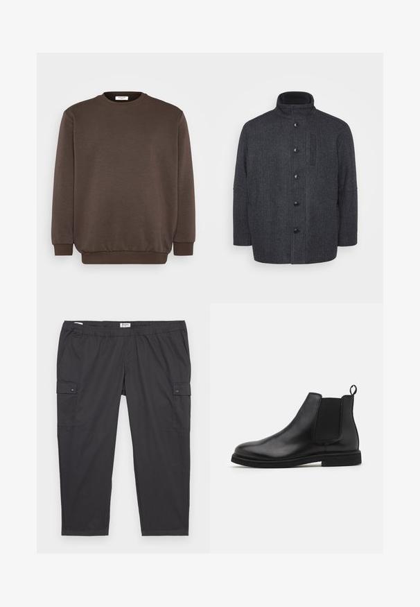 Tamno sivi vuneni kaput s uzorkom riblje kosti, s visokim ovratnikom, prednjim kopčanjem na dugmad i bočnim džepovima. Ima ravno krojen dizajn.; Jack & Jones JJEBRADLEY CREW - Sportska majica - mulch; Crne cargo hlače s elastičnom waistbandom, bočnim džepovima i snap dugmadi. Izrađene od lagane, glatke tkanine.; Crne kožne Chelsea čizme s elastičnim bočnim panelima i petnom trakom. Zaobljeni vrh i ravni gumeni đon, prikazujući glatku površinu.