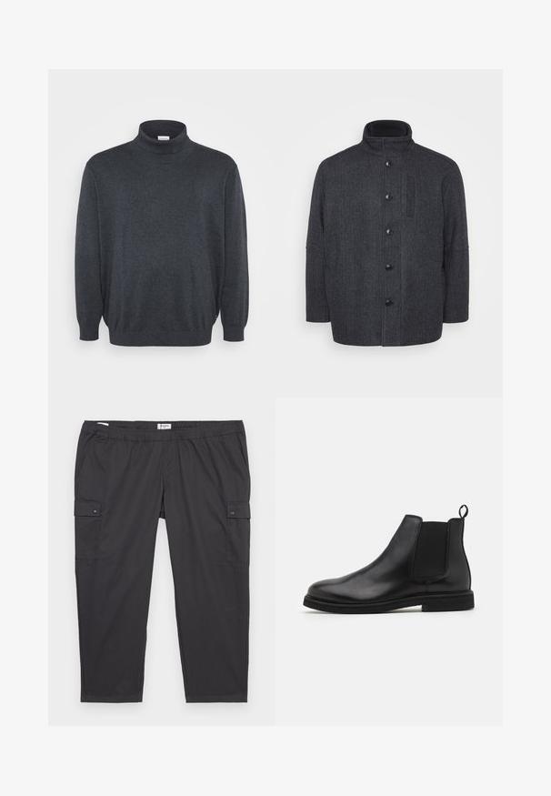Manteau en laine gris foncé avec un motif en chevron, col montant, fermeture à boutons sur le devant et poches latérales. Présente un design à coupe droite.; Jack & Jones JJEBASIC ROLL NECK  - Pullover - dark grey melange; Pantalons cargo noirs avec une taille élastique, des poches latérales et des accents de boutons-pression. Fabriqués en tissu léger et lisse.; Bottines Chelsea en cuir noir avec panneaux élastiques sur les côtés et une languette. Bout arrondi et semelle en caoutchouc plate, mettant en valeur une finition lisse.