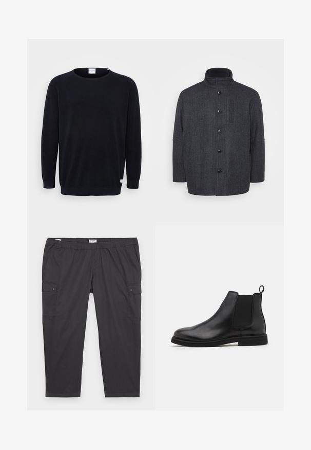 Sötét szürke gyapjú kabát halszálka mintával, magas gallérral, elöl gombos záródással és oldalsó zsebekkel. Egyenes vonalú fazon jellemzi.; Fekete kötött pulóver kerek nyakkivágással és hosszú raglánujjakkal. Bordás mandzsettákkal és passzéval, texturált anyaggal, valamint egy kis címkével az alján.; Fekete munkásnadrág rugalmas derékkal, oldalsó zsebekkel és patentos részletekkel. Könnyű, sima anyagból készült.; Fekete bőr Chelsea csizma elasztikus oldalsó panelek és húzófül nélkül. Lekerekített orr és lapos gumitalp, sima kivitelben.