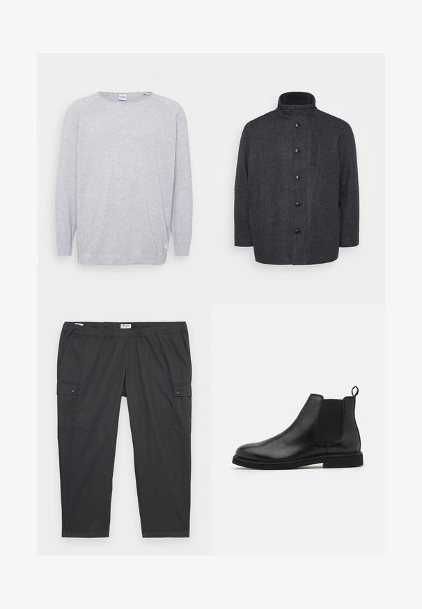 Czarny szary wełniany płaszcz w wzór w jodełkę, z wysokim kołnierzem, zapięciem na guziki z przodu i kieszeniami bocznymi. Charakteryzuje się prostym krojem.; Jasnoszary sweter z długimi rękawami, okrągłym dekoltem i teksturowanym splotem. Posiada delikatny wzór w plamki i małą metkę na dolnym brzegu.; Czarne spodnie cargo z elastycznym pasem, bocznymi kieszeniami i zapięciami na napy. Wykonane z lekkiego, gładkiego materiału.; Czarne skórzane botki Chelsea z elastycznymi bocznymi panelami i pętlą na tyle. Zaokrąglony czubek i płaska gumowa podeszwa, prezentujące gładkie wykończenie.