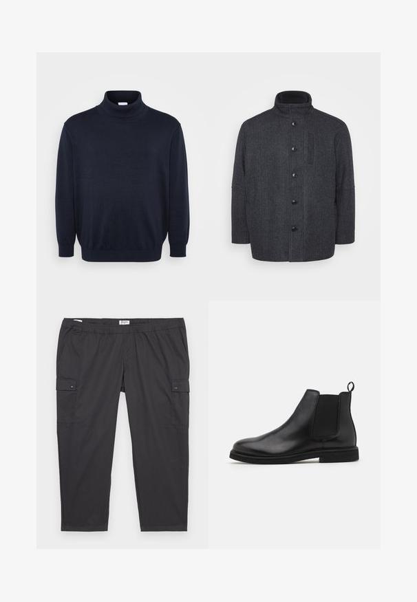 Temno siva volnena plašč s herringbone vzorcem, visokim ovratnikom, sprednjim gumbom za zapiranje in stranskima žepoma. Ima ravno krojeno zasnovo.; Jack & Jones JJEBASIC ROLL NECK - Pulover - navy; Črne cargo hlače z elastičnim pasom, stranskimi žepi in zaponkami. Narejene iz lahkega, gladkega materiala.; Črne usnjene Chelsea škornje z elastičnimi bočnimi paneli in zanka za obuvanje. Okrogla kapa in ravno gumijasto dno, kar poudarja gladko zaključeno površino.