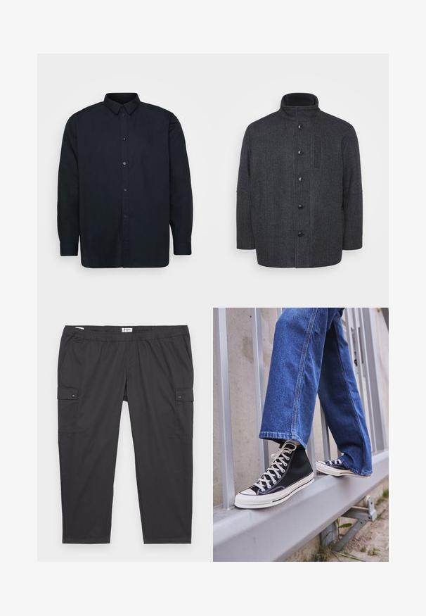 Cappotto di lana grigio scuro con motivo a spina di pesce, colletto alto, chiusura frontale con bottoni e tasche laterali. Presenta un design a taglio dritto.; Camicia nera con bottoni in cotone, caratterizzata da un colletto classico, maniche lunghe e sette bottoni frontali. Texture liscia, senza motivi notevoli.; Pantaloni cargo neri con vita elasticizzata, tasche laterali e dettagli con bottoni a pressione. Realizzati in tessuto leggero e liscio.; Scarpe da ginnastica nere alte con suola e lacci bianchi, abbinate a jeans di denim blu larghi, appoggiate su un parapetto grigio.