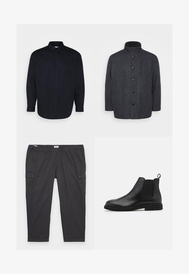 Dark grey wool coat with a herringbone pattern, high collar, front button closure, and side pockets. Features a straight-cut design.; Pier One Shirt - black; Black cargo pants with an elastic waistband, side pockets, and snap button accents. Made of lightweight, smooth fabric.; Black leather Chelsea boots with elastic side panels and a pull tab. Rounded toe and flat rubber sole, showcasing a smooth finish.