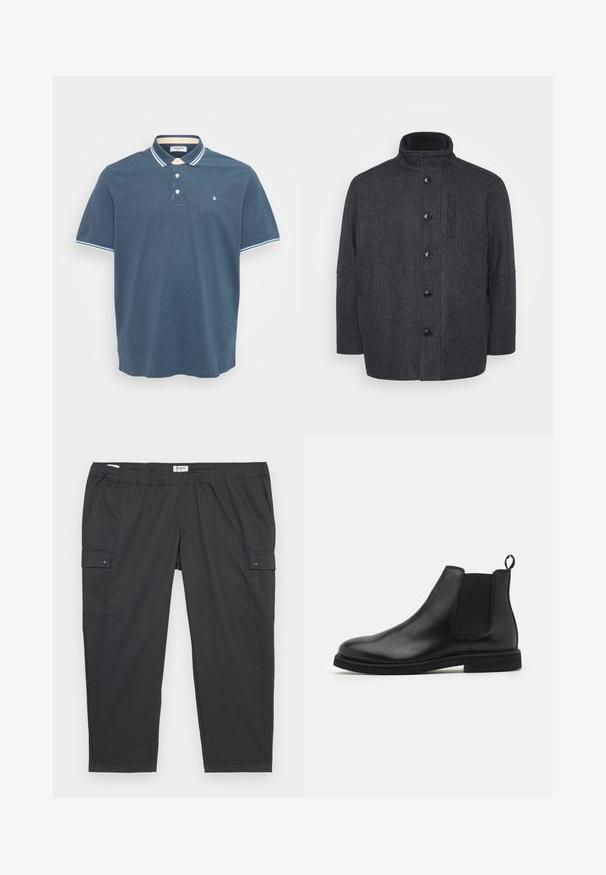 Dunkelgrauer Wollmantel mit einem Fischgrätenmuster, hohem Kragen, vorderem Knopfverschluss und Seitentaschen. Verfügt über einen geraden Schnitt.; Herren Poloshirt in Blau mit kurzen Ärmeln, hellblau-weißen gestreiften Kragen und Ärmelabschlüssen, drei Knöpfen auf der Vorderseite und kleinem Logo auf der Brust.; Schwarze Cargo-Hosen mit einem elastischen Bund, seitlichen Taschen und Druckknopfdetails. Hergestellt aus leichtem, glattem Stoff.; Schwarze Leder Chelsea-Stiefel mit elastischen Seitenpanelen und einem Zugtab. Gerundete Zehenpartie und flache Gummisohle, die eine glatte Oberfläche zeigt.