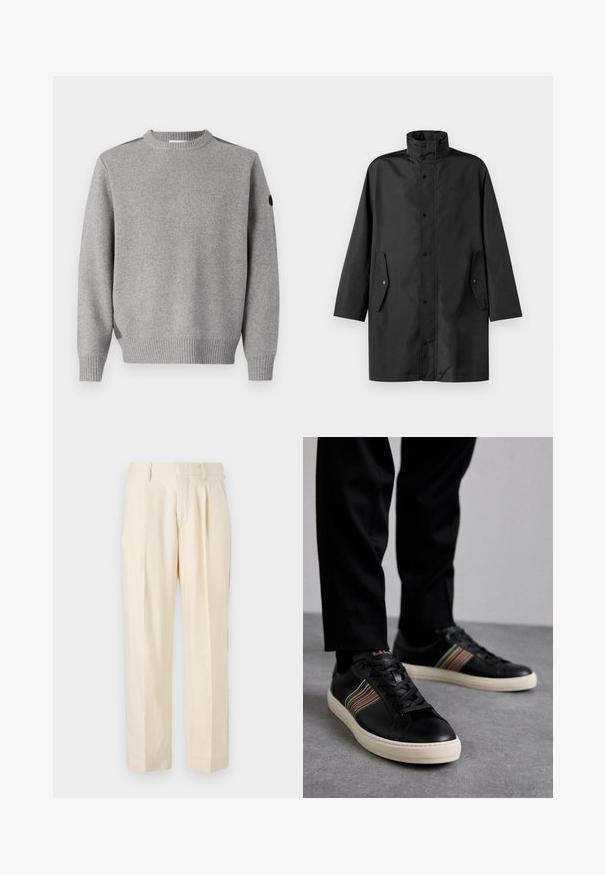 Musta vedenpitävä takki, jossa on korkea kaulus, nepparit ja sivutaskut. Sujuva kangas rentoa suoraa leikkuuta.; Harmaa neulepaita, jossa on ribbikuvio, pyöreä pääntie sekä kontrastivärit hartioissa. Myös hihansuut ovat ribbityylistä.; NN.07 KAY - Housut - off white; Mustat nahkakengät, joissa on moniväriset raidalliset yksityiskohdat, pyöreä kärki ja valkoiset kumipohjat. kengissä on nauhakiinnitys ja kohokuvioitu brändäys.