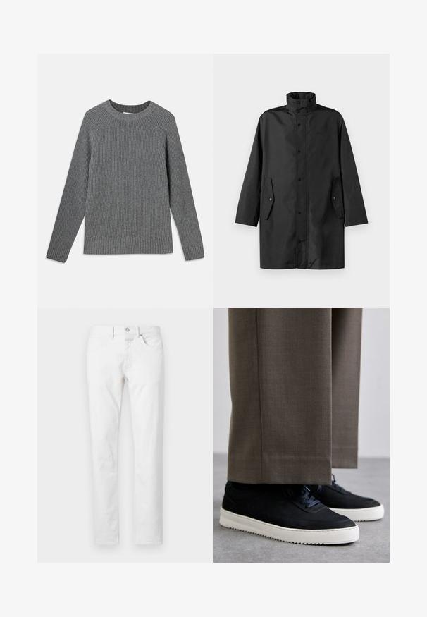Must tõmbamatud musta vihmajope kõrge kaelusega, nööbiga ja küljetaskutega. Sile kangas ja lõdva sirge lõikega disain.; Hall taljesilmustega hall sooniksveter, ümmarguse kaelusega ja tekstuurse kangaga. Hõlmab soonikservi varrukate ja põhja juures.; Valged otsejalad teksad, mis on valmistatud denimist, viie taskuga, nööbi sulgemisega ja klassikalise lõikega, millel on minimaalne tekstuur.; Mustad suleed sneakers valge kummist tallaga, ümarate varvaste ja paeltega, kantud hallide ülikonna pükste kõrval.