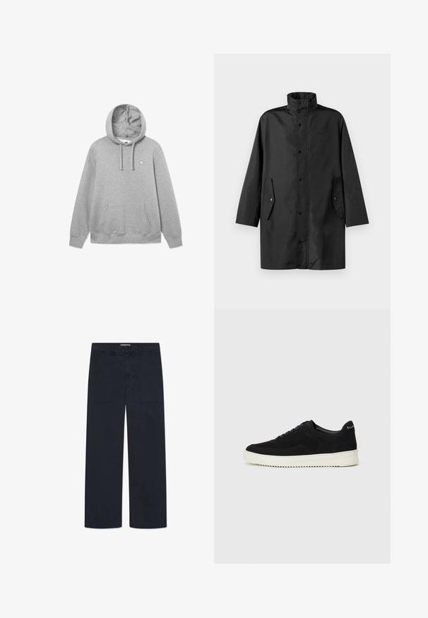 Melna ūdensizturīga jaka ar augstu apkakli, poga slēgšanu un sānu kabatām. Gluda auduma ar brīvu, taisnu griezumu.; Pelēks kokvilnas džemperis ar priekšējo kabatu, regulējamu kapuci un mazu logo krūtīs. Mīksta tekstūra un brīva piegriezuma.; DOUBLE A BY W.W. HEINO - Brīva piegriezuma džinsi - salute; Melnas zamšas kedas ar auklām un kontrastējošu baltu gumijas zoli. Iekļauj teksturētas sānu panēles un diskretu zīmolu uz papēža.