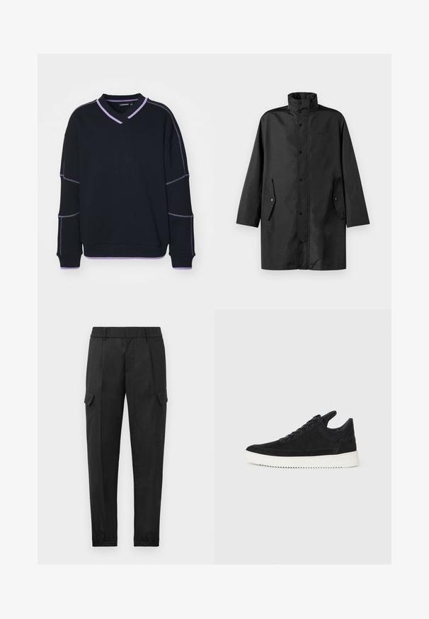 Cappotto impermeabile nero con colletto alto, chiusure a pressione e tasche laterali. Tessuto liscio con un design dritto e rilassato.; Felpa nera con scollo a V, con accenti a costine viola sul colletto e sui polsini. Realizzata in tessuto morbido con una vestibilità comoda.; Pantaloni cargo neri con vita elastica, gamba affusolata, tasche laterali e una tasca cargo singola sulla coscia sinistra. Tessuto morbido.; Sneaker in suede nero con suola in gomma bianca, caratterizzato da cuciture tonali e design con lacci. Texture liscia con una forma moderna e aerodinamica.