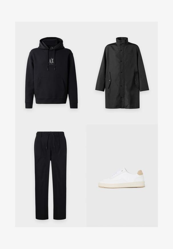 Black waterproof coat featuring a high collar, snap closures, and side pockets. Smooth fabric with a relaxed, straight cut design.; Black hoodie made of soft cotton blend, features a front pocket, drawstring hood, and a small logo on the chest. Simple, casual design.; Black trousers made of smooth fabric, featuring a drawstring waist, straight legs, and front pleats for a structured look.; White low-top sneakers with a textured leather upper, cream ridged sole, and a tan heel accent. Features white laces and logo detail on heel.