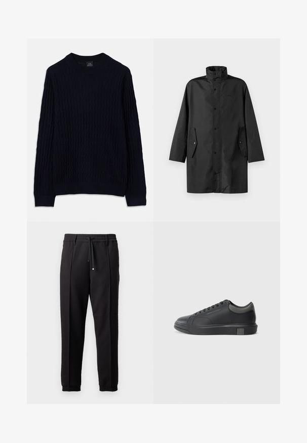 Schwarzer wasserdichter Mantel mit hohem Kragen, Druckknöpfen und Seitentaschen. Glattes Material mit lockerer, gerader Schnittführung.; Marineblauer langärmeliger Pullover mit strukturiertem, wellenförmigem Strickmuster und geripptem Rundhalsausschnitt, Bündchen und Saum von Armani Exchange.; Schwarze Hose mit einem Bund, Kordelzug und elastischen Bündchen. Sie verfügt über Plissees und einen glatten, strukturierten Stoff.; Schwarze Ledersneaker mit glatter Oberfläche, runder Zehenpartie und dunkelgrauen Akzenten. Verfügt über ein Schnürdesign und eine strukturierte Gummisohle.