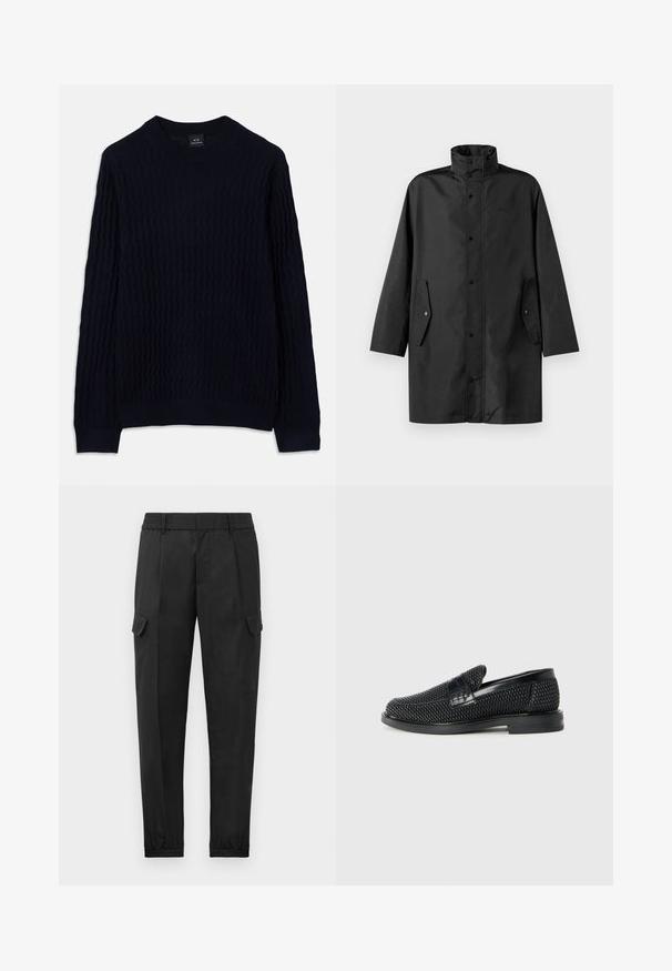 Black waterproof coat featuring a high collar, snap closures, and side pockets. Smooth fabric with a relaxed, straight cut design.; Navy blue long-sleeve sweater with a textured wavy knit pattern and ribbed crew neckline, cuffs, and hem by Armani Exchange.; Black cargo pants with an elastic waistband, tapered leg, side pockets, and a single cargo pocket on the left thigh. Smooth texture.; Black woven slip-on shoe with a smooth leather accent on the upper, a round toe design, and a low-profile rubber sole.