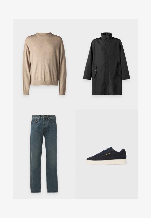 Zwarte waterdichte coat met een hoge kraag, drukknoopsluitingen en zijzakken. Glad materiaal met een relaxte, rechte pasvorm.; Beige lange mouw trui van zacht materiaal; beschikt over een ronde halslijn en ribgebreide manchetten, met een relaxte pasvorm en een gladde textuur.; Donkerblauwe denim jeans met een rechte pijp, voorzien van vijf zakken, een knoopsluiting en contrasterende stiksels.; Navyblauwe suède lage sneakers met een witte zool, navy veters en het 'Filling Pieces' logo in goud op de zijkant.