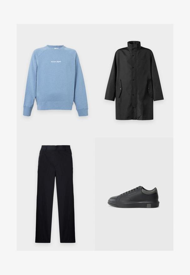 Svart vannavstøtende jakke med høy krage, trykknapper og sidelommer. Glatt stoff med en avslappet, rett skjæring.; Lyseblå hettegenser laget av mykt stoff, med rund hals og raglanermer. Inneholder hvit brodert tekst på brystet.; Sorte bukser med lett og teksturert stoff, rett ben-design, elastisk midjebånd og sidelommer med glidelås.; Sorte lærersneakers med en glat finish, rund tå og mørkegrå detaljer. Har snørebånd og en struktureret gummisål.