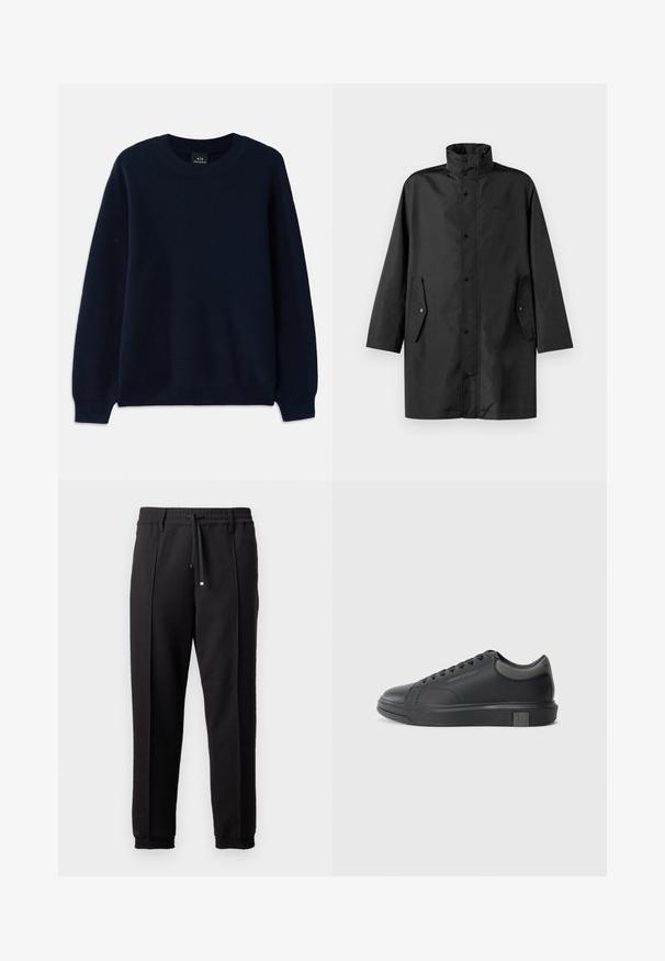 Musta vedenpitävä takki, jossa on korkea kaulus, nepparit ja sivutaskut. Sujuva kangas rentoa suoraa leikkuuta.; Tummansininen ribattupaita, jossa on pyöreä pääntie ja pitkät hihat. Kankaassa on teksturoitu kuviointi.; Mustat housut, joissa on vyötäröhine, naru ja joustavat hihnat. Ominaisuuksiin kuuluvat pleatit ja sileä, teksturoitu kangas.; Musta nahkasneakeri, jossa on sileä pinta, pyöreä varvastulli ja tummanharmaat yksityiskohdat. Varustettu nauhakiinnityksellä ja kuvioidulla kumipohjalla.