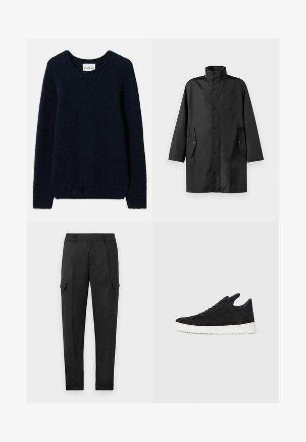 Black waterproof coat featuring a high collar, snap closures, and side pockets. Smooth fabric with a relaxed, straight cut design.; Navy blue knitted sweater with a round neckline, long sleeves, and ribbed cuffs and hem. Soft texture and simple design, no patterns or accents.; Black cargo pants with an elastic waistband, tapered leg, side pockets, and a single cargo pocket on the left thigh. Smooth texture.; Black suede sneaker with a white rubber sole, featuring tonal stitching and lace-up design. Smooth texture with a modern, streamlined shape.