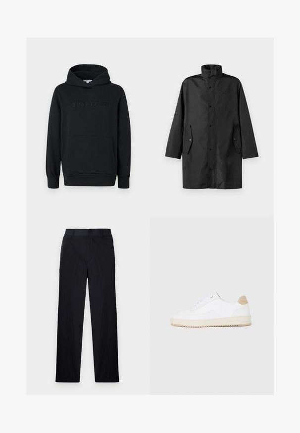 Svart vannavstøtende jakke med høy krage, trykknapper og sidelommer. Glatt stoff med en avslappet, rett skjæring.; Svart hettegenser, myk stoff, pullover-design, frontlomme i kenguru-stil, preget "QUARTZ CO"-logo på brystet, ribbede mansjetter og nederkant.; Sorte bukser med lett og teksturert stoff, rett ben-design, elastisk midjebånd og sidelommer med glidelås.; Hvite lave sneakers med overdel i teksturert skinn, kremfarget såle med ribber og en brunt fargeklatt på hælen. Har hvite lisser og logodetalj på hælen.